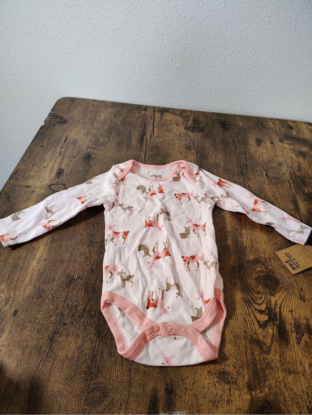 NWOT Chick Pea Baby Girl 6-9 Months Long Sleeve Pink Woodland Deer Bodysuit